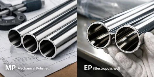 MP EP stainless steel tubing surface finish guide image with two tube samples - octal pipe MP EP stainless steel tubing surface finish guide image with two tube samples - octal pipe